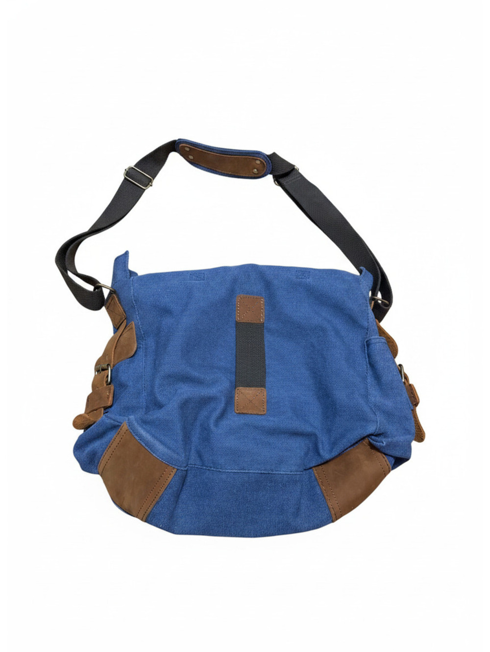 Sechunk Messenger Bag Blue Denim Canvas with Brown Leather Trim Aged Hardware - Picture 3 of 6